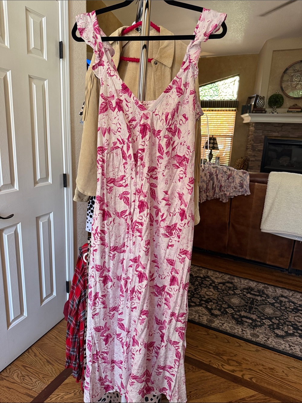 Pink Floral Maxi Dress with Ruffle Straps